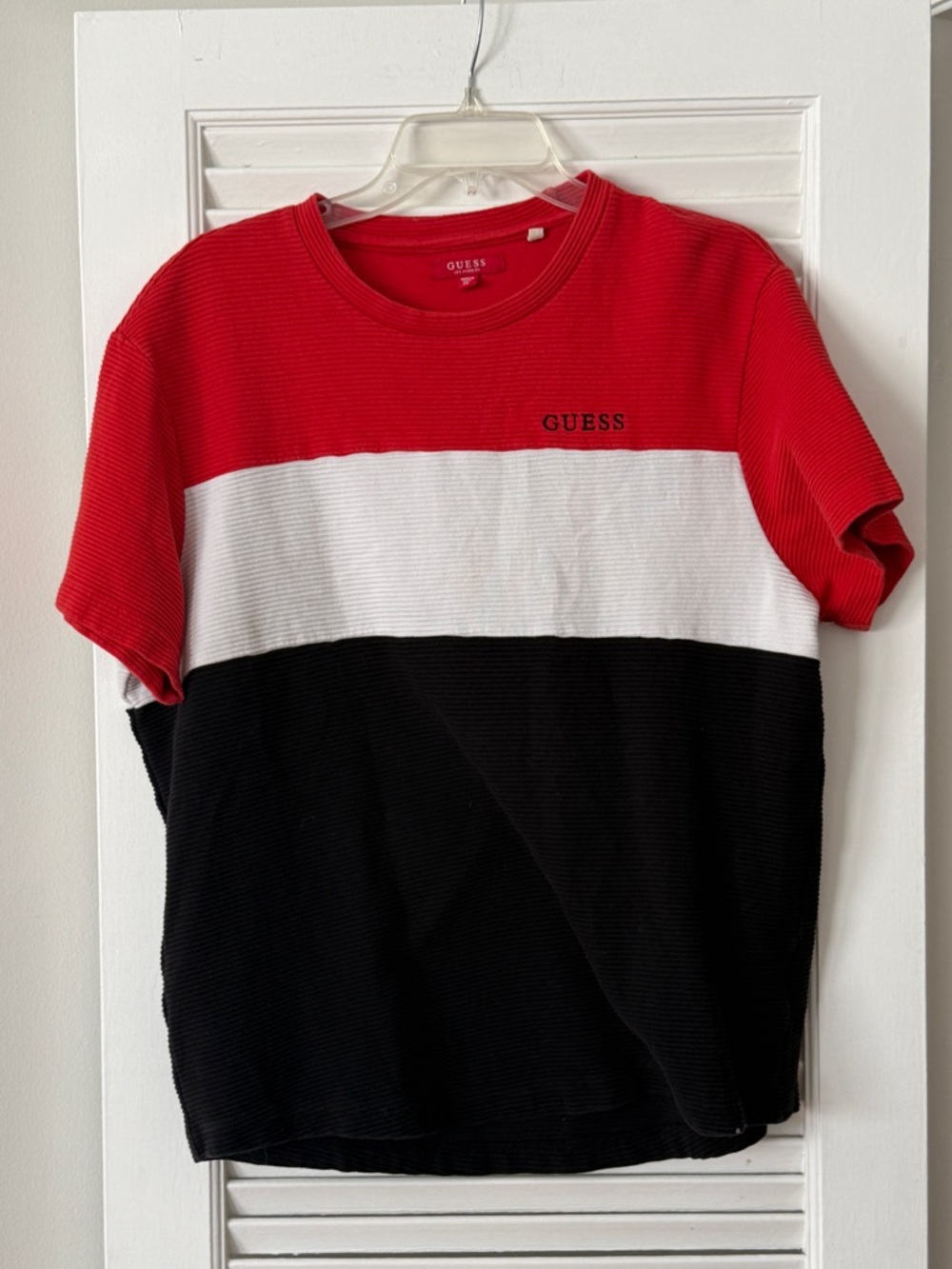 GUESS Colorblock Short Sleeve Tee - Red/White/Black - Size XL